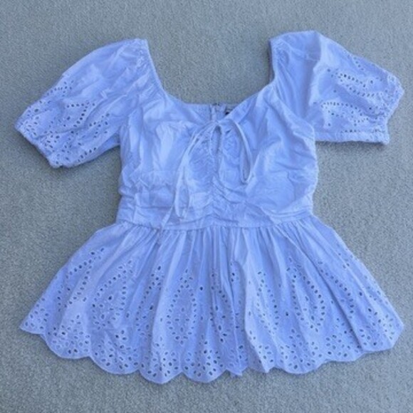 Free Assembly Tops - Free Assembly White Eyelet Puff Sleeve Peasant Top Cotton Smocked XS